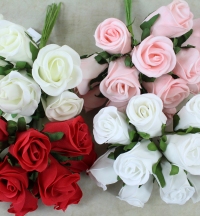 288 Quality foam Roses buds on stems. 4cm wide buds, packed as 12 bunches of 12 with next day delivery.