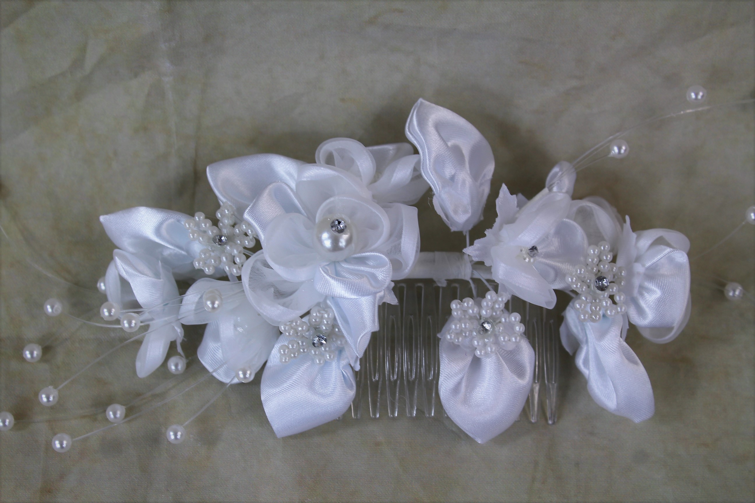 4 x Satin Flower & Pearl Bridal Headpiece