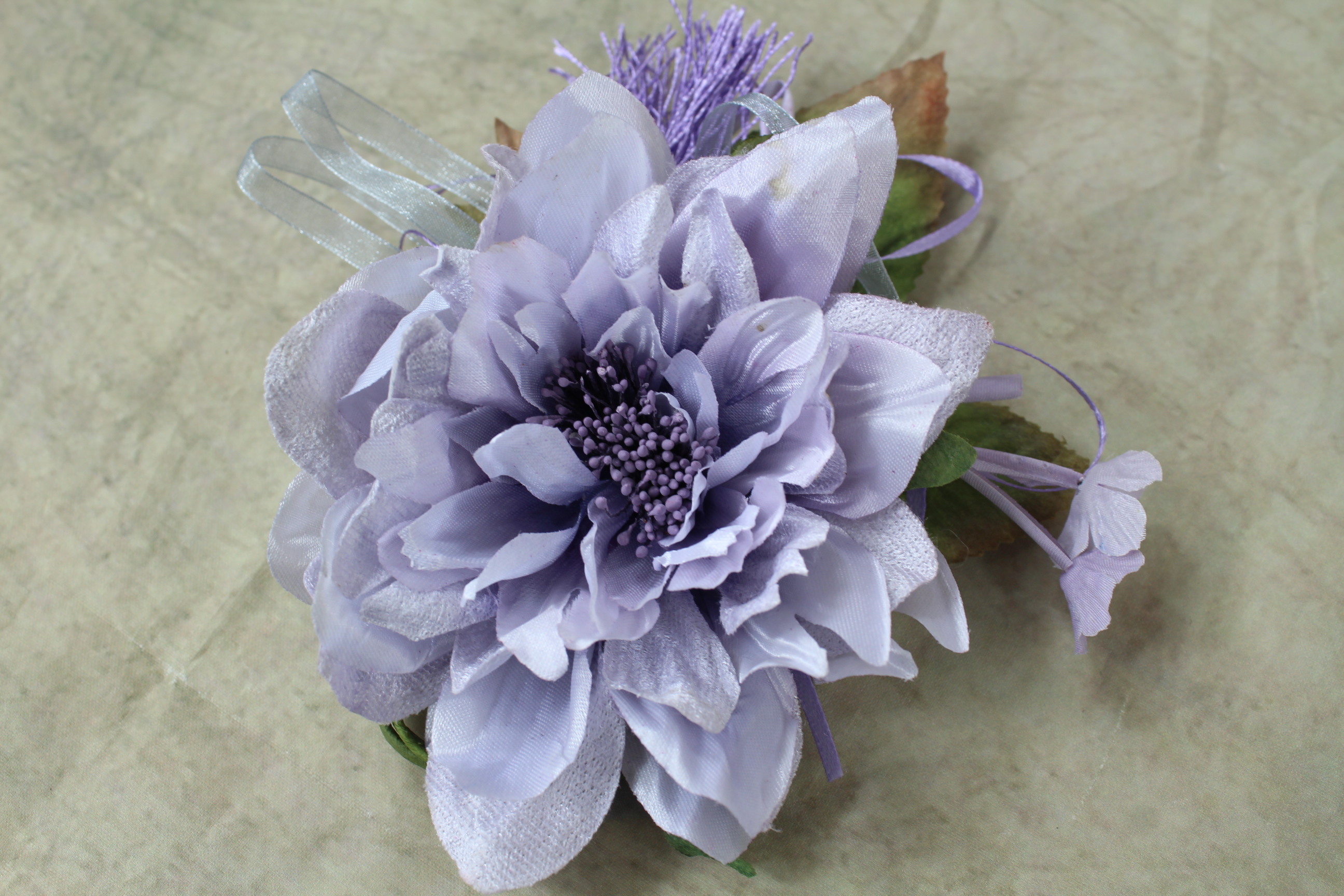 Satin Dahlia Corsage With Tassel And Ribbon Streamers