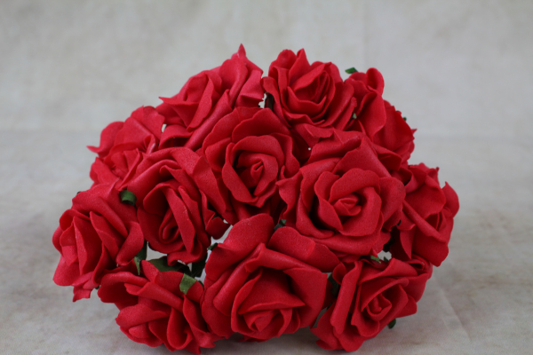 front view of the red foam rose bunch