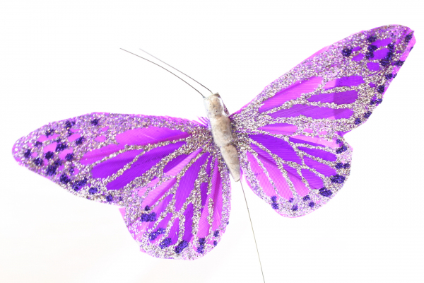 Purple Butterfly with 11cm with grey body on steel wire stem.