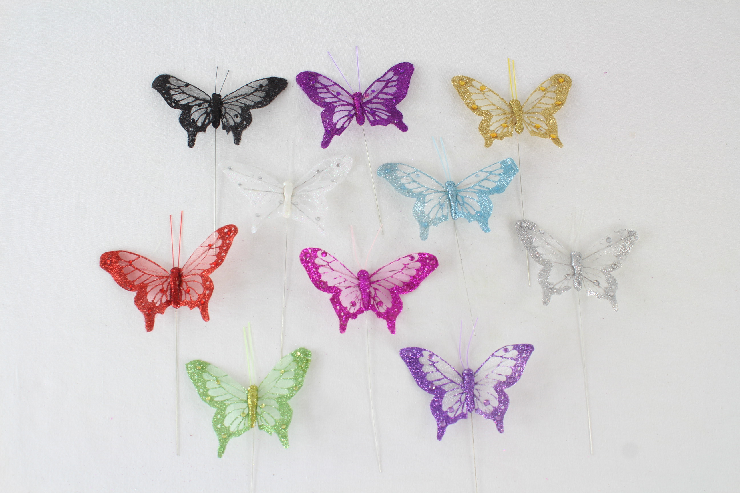 60 x 8cm Sheer Wing Glitter Decorated Butterflies on Wires